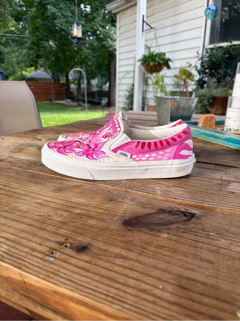 Vans Hand Painted, One of a Kind Pink Floral Slip-On Sneakers for Women